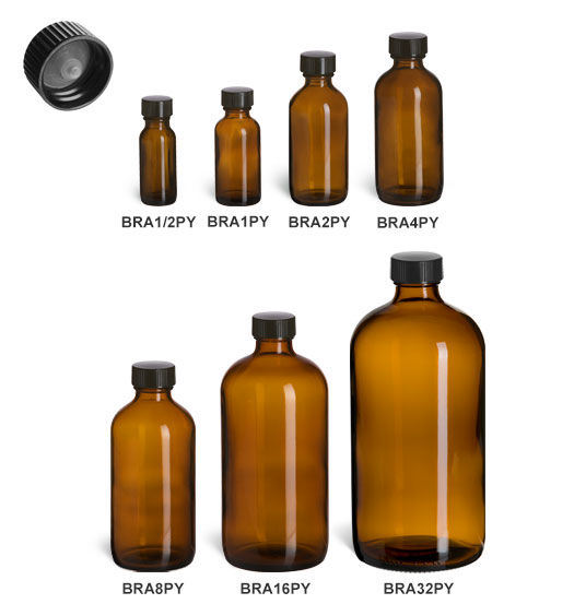 Amber Boston Round Glass Bottles with Polyseal Caps