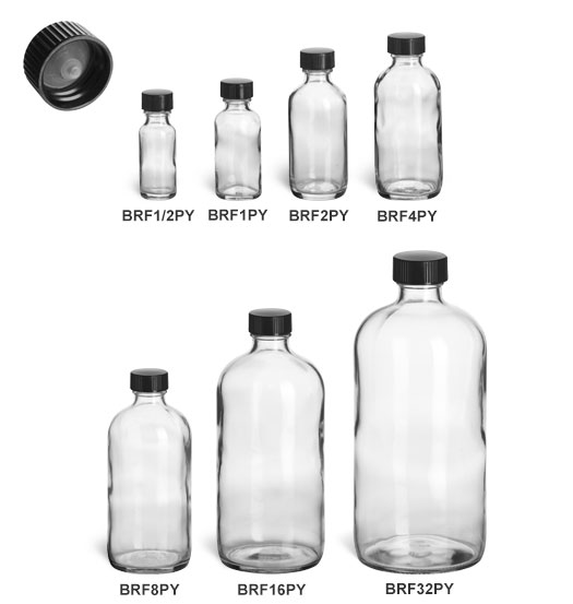 Clear Boston Round Glass Bottles with Polyseal Caps