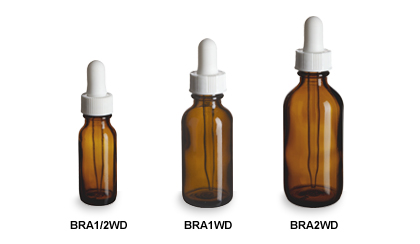 Amber Boston Round Glass Bottles with White Droppers
