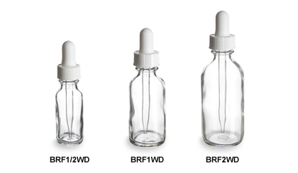 Clear Boston Round Glass Bottles with White Droppers