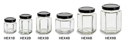 6 oz Oval Hexagon glass canning jars with black plastisol lids