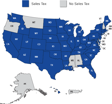 United States map showing sales tax is not charged in Alabama, Alaska, Mississippi, Montana, New Hampshire, Oregon or Puerto Rico.