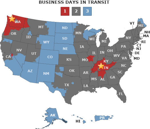 U.S. map showing time in transit zones for 1, 2 and 3 days